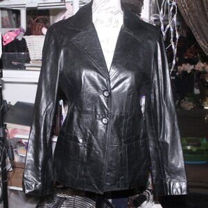 Classic GILLIAN JULIUS Glossy Black Genuine Leather Jacket Coat Go w Everything